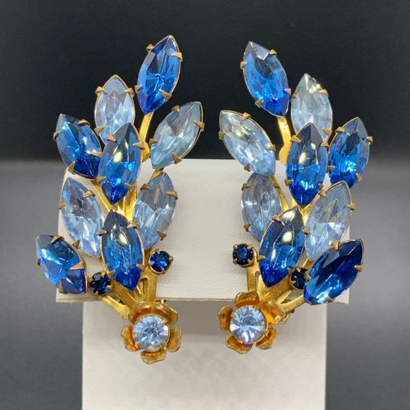 Vintage Gold Tone Blue Rhinestone Climbers Clip On Earrings 2.25" - Picture 1 of 3